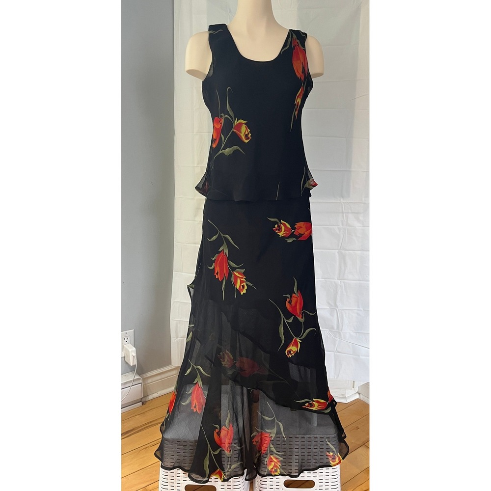Nikky Vintage Floral Chiffon Maxi Dress Ruffle Tiered Black Red Orange